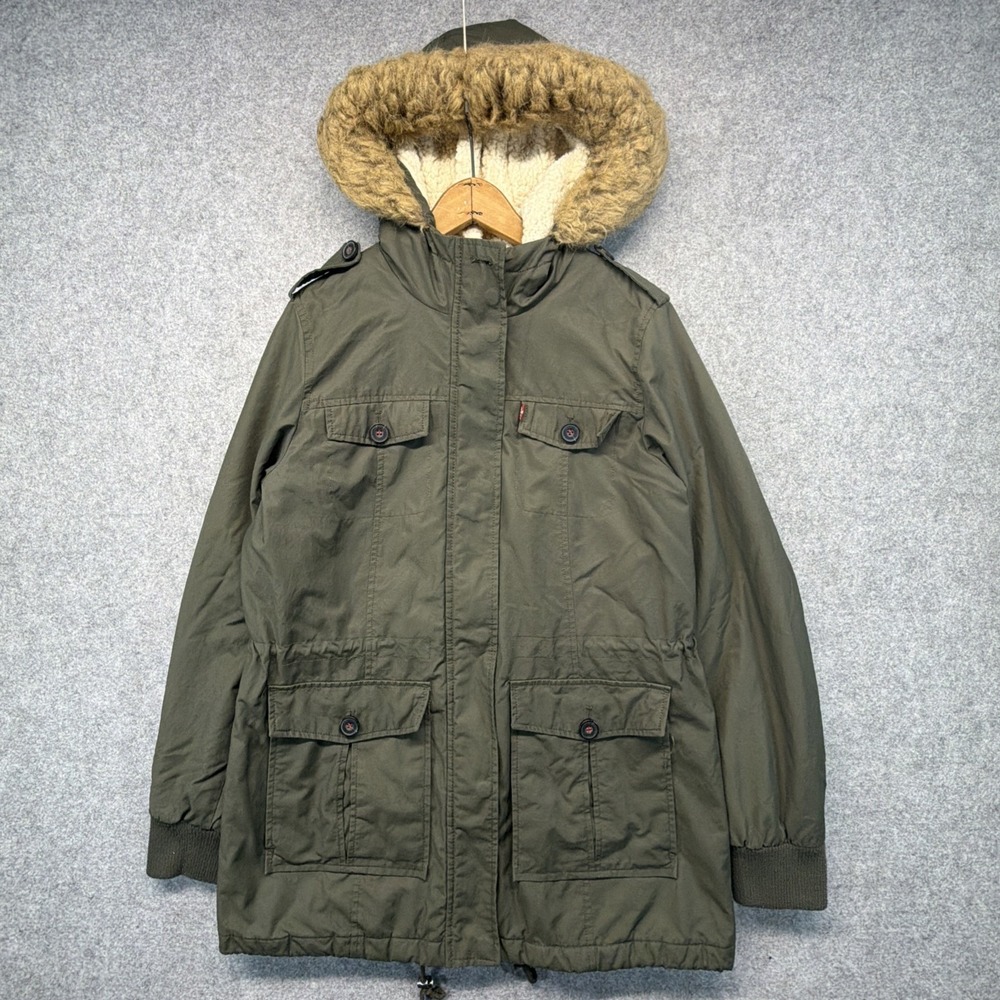 Levi's Faux Fur Hooded Parka Coat Green Sherpa Lined Size Medium